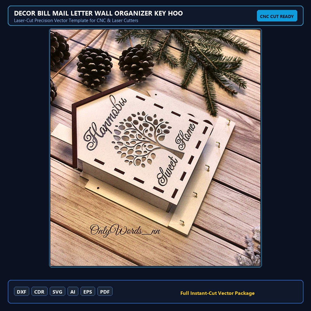 Decor Bill Mail Letter Wall Organizer Key Hook Storage Laser Cut Template DXF File Free Download