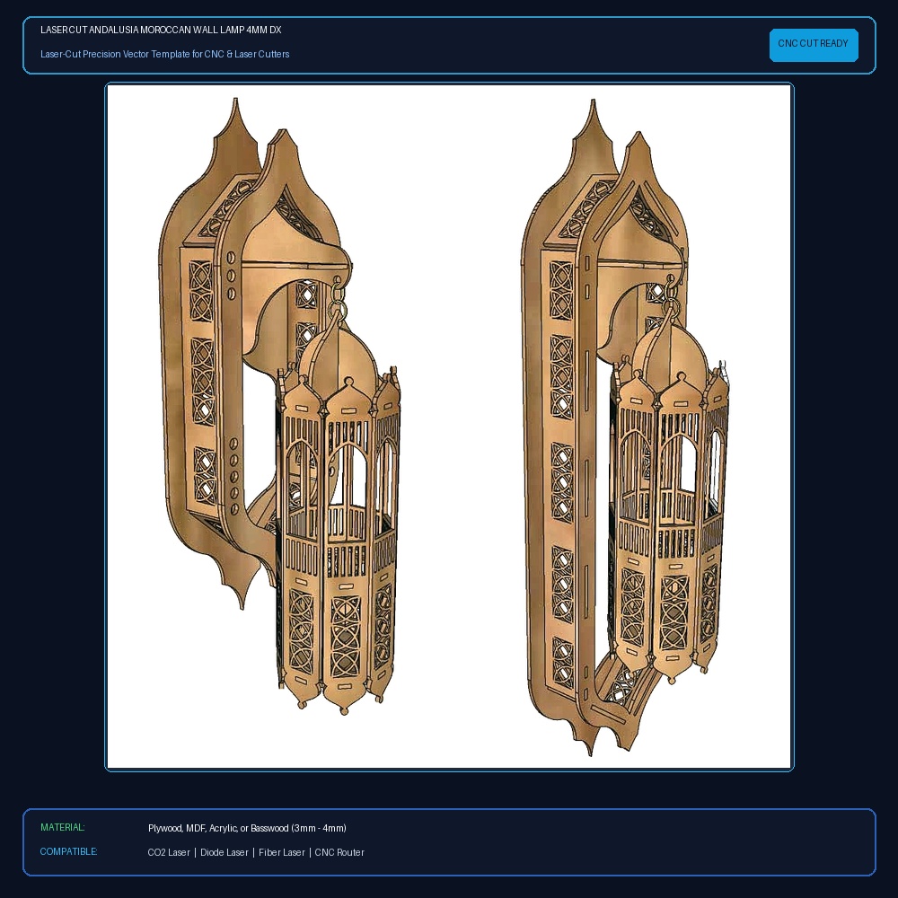 Laser Cut Andalusia Moroccan Wall Lamp 4mm DXF File Free Download View 2