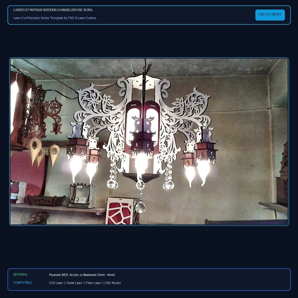 Laser Cut Antique Wooden Chandelier CNC Scroll Saw Plans PDF File Free Download View 2
