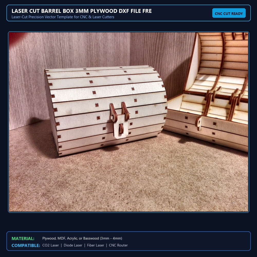 Laser Cut Barrel Box 3mm Plywood DXF File Free Download View 2
