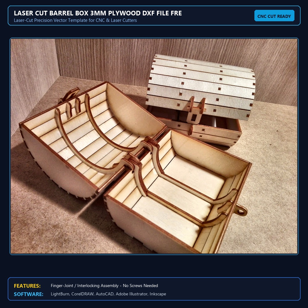Laser Cut Barrel Box 3mm Plywood DXF File Free Download View 3