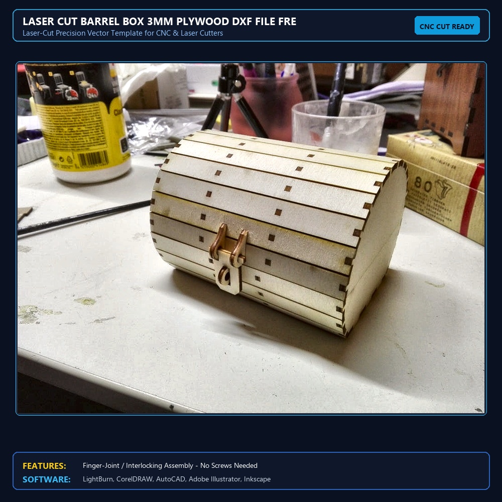 Laser Cut Barrel Box 3mm Plywood DXF File Free Download View 4