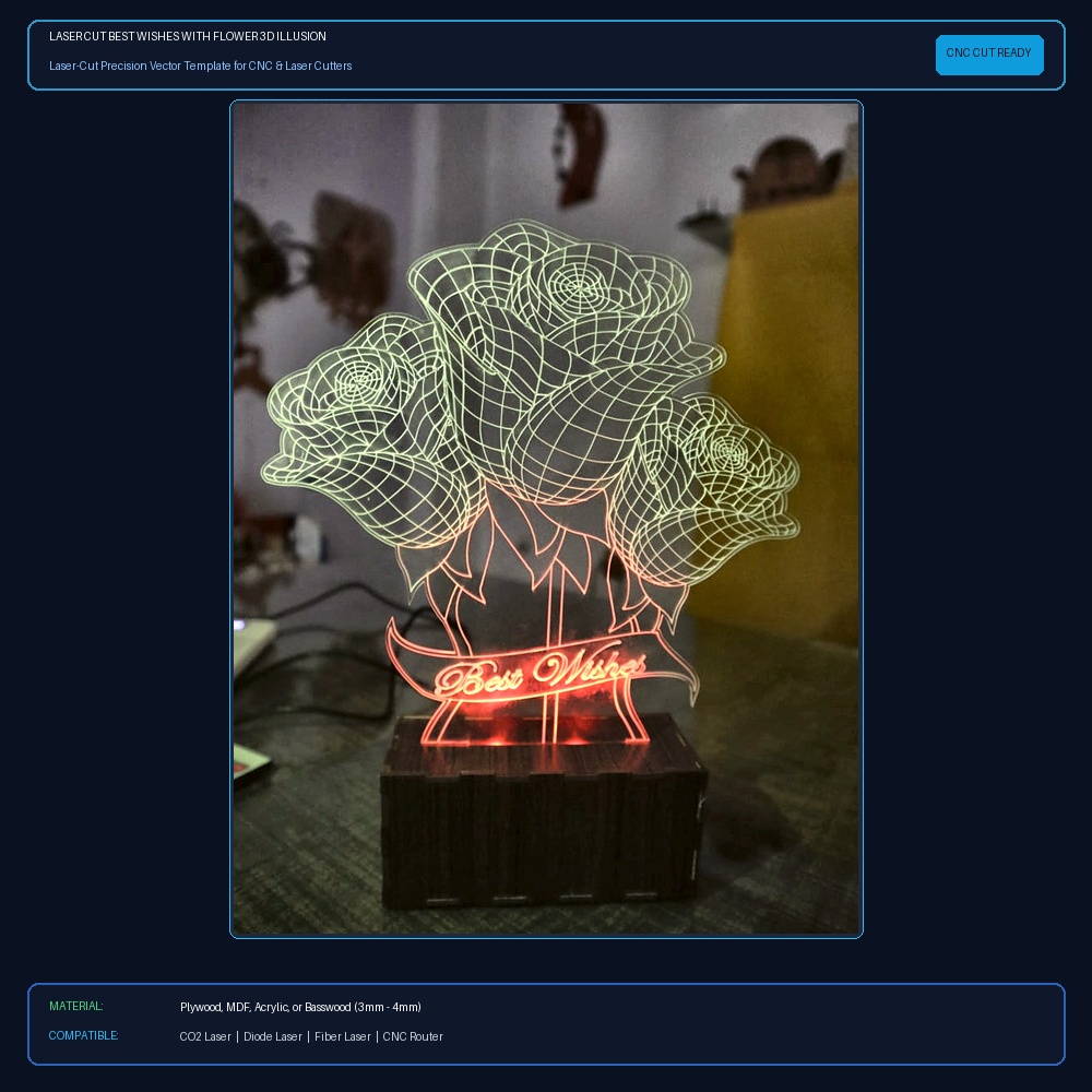 Laser Cut Best Wishes With Flower 3D Illusion Lamp DXF File Free Download View 2