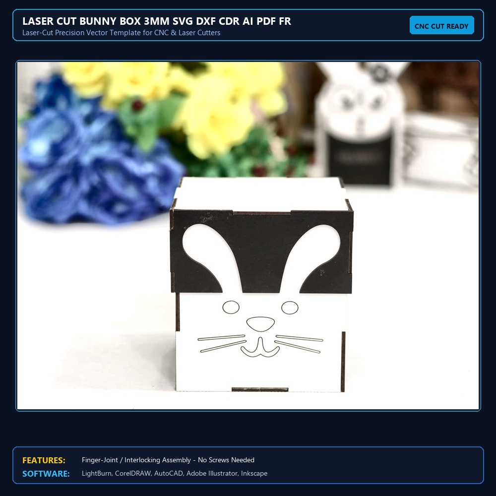 Laser Cut Bunny Box 3mm SVG DXF CDR AI PDF Free Download View 3