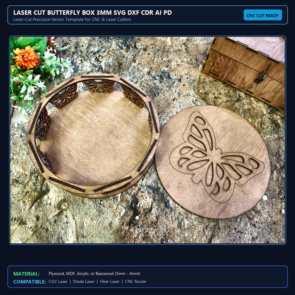 Laser Cut Butterfly Box 3mm SVG DXF CDR AI PDF Free Download View 2