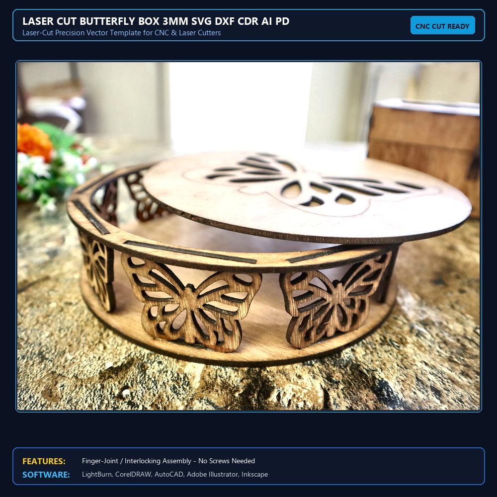 Laser Cut Butterfly Box 3mm SVG DXF CDR AI PDF Free Download View 3