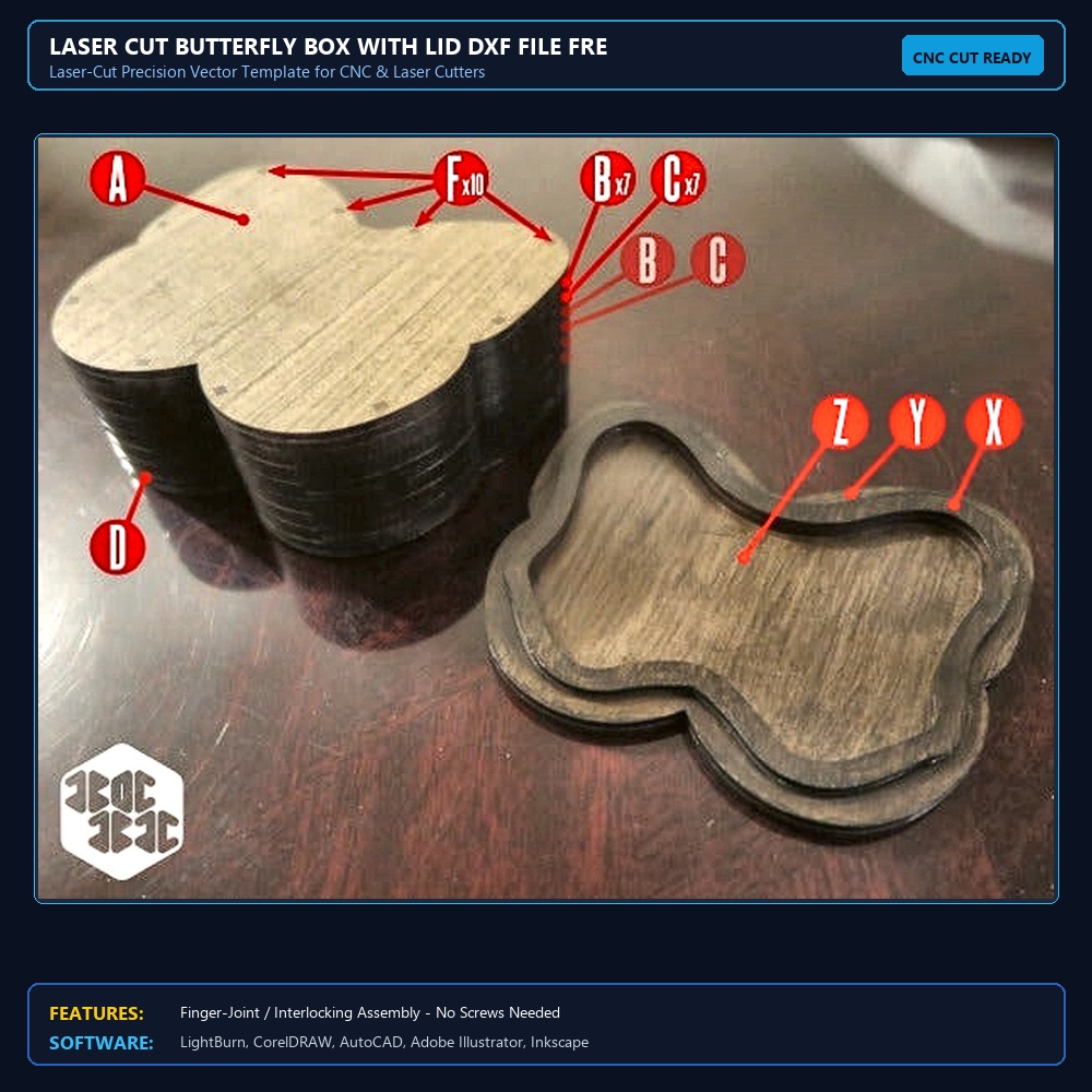 Laser Cut Butterfly Box With Lid DXF File Free Download View 3