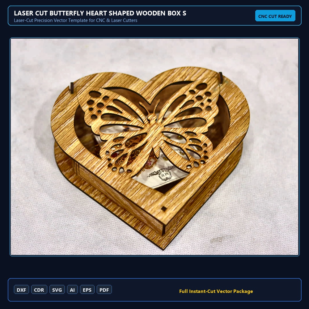 Laser Cut Butterfly Heart Shaped Wooden Box SVG DXF CDR AI PDF Free Download