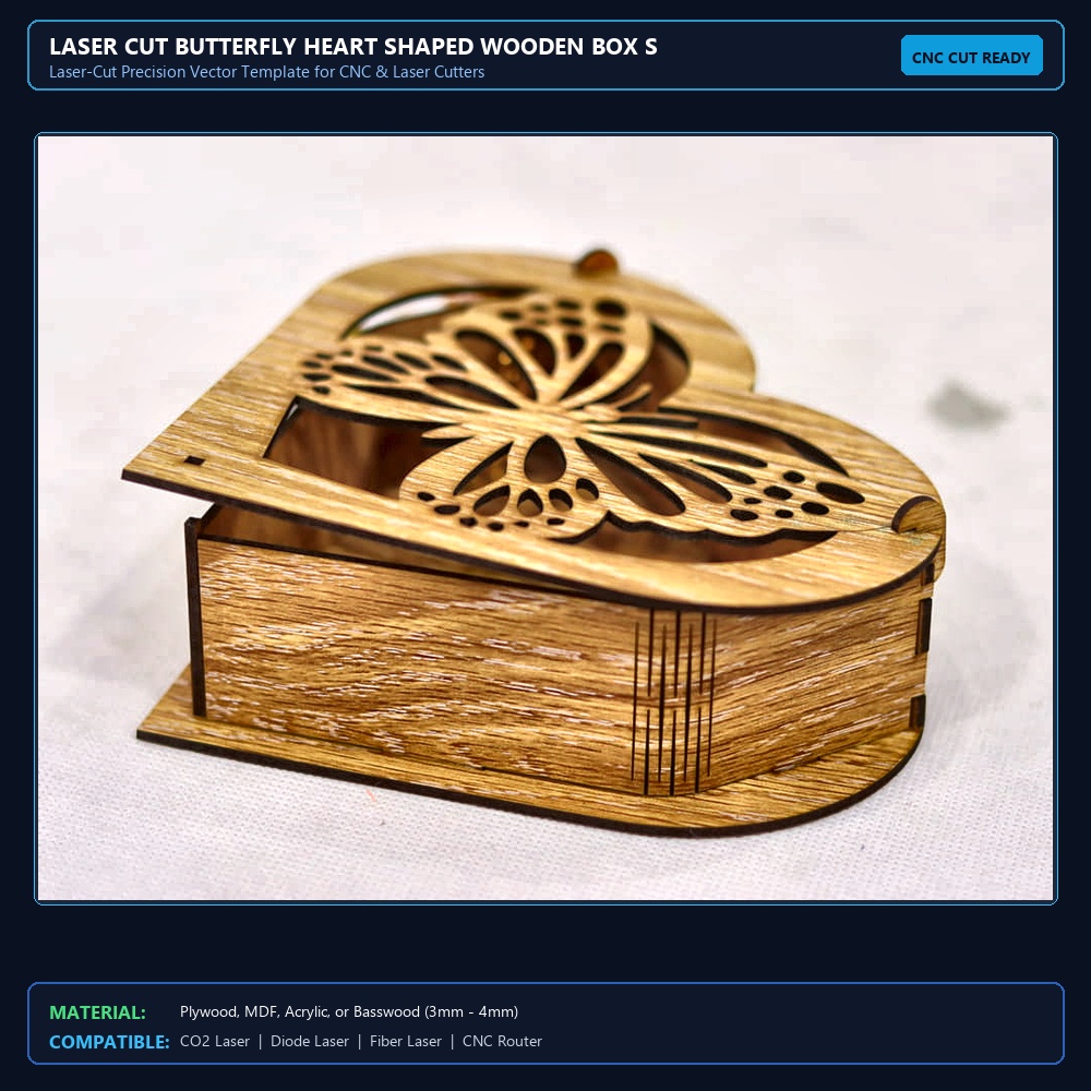 Laser Cut Butterfly Heart Shaped Wooden Box SVG DXF CDR AI PDF Free Download View 2
