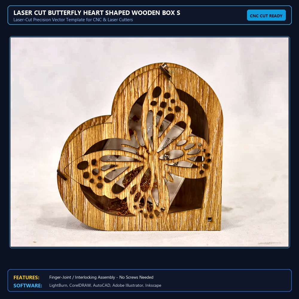 Laser Cut Butterfly Heart Shaped Wooden Box SVG DXF CDR AI PDF Free Download View 3
