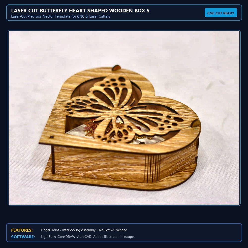 Laser Cut Butterfly Heart Shaped Wooden Box SVG DXF CDR AI PDF Free Download View 4