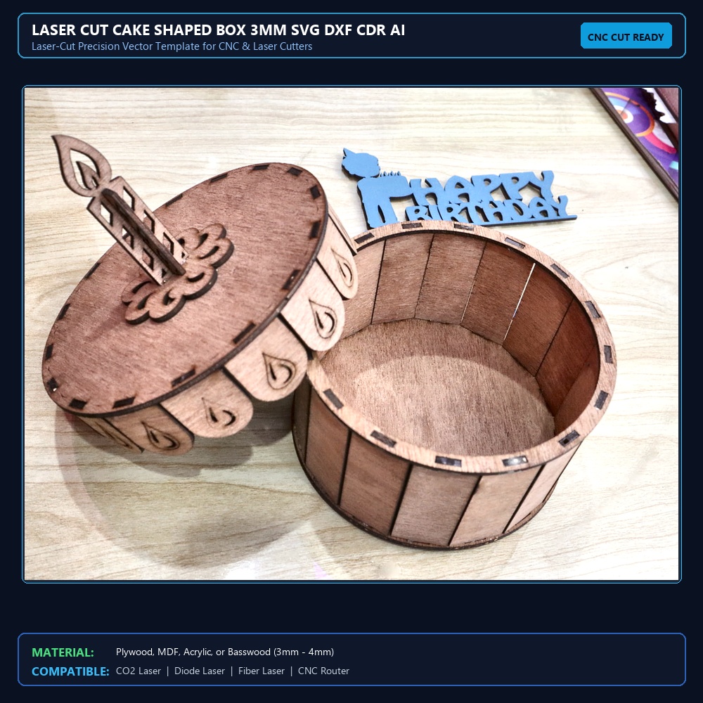 Laser Cut Cake Shaped Box 3mm SVG DXF CDR AI PDF Free Download View 2