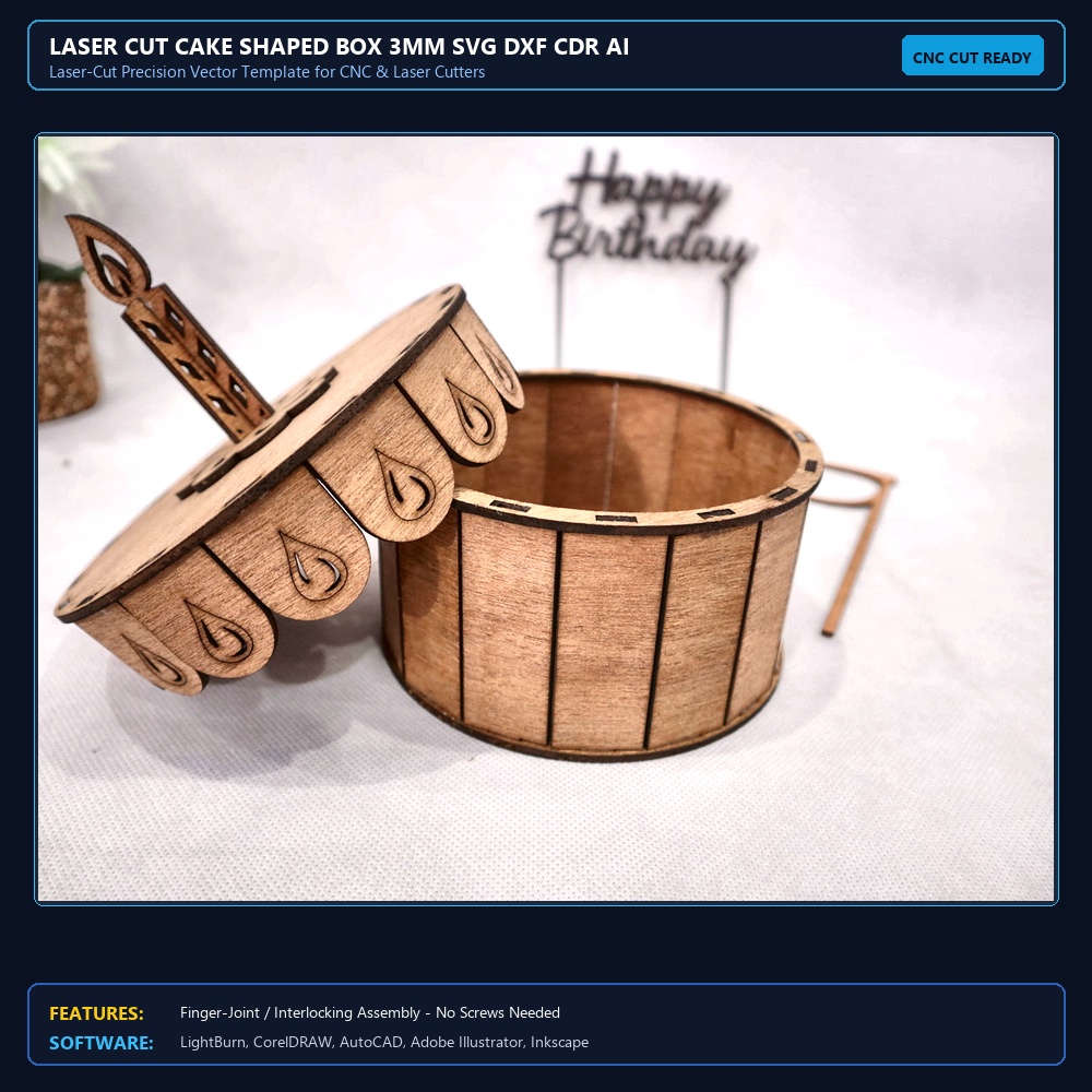 Laser Cut Cake Shaped Box 3mm SVG DXF CDR AI PDF Free Download View 3