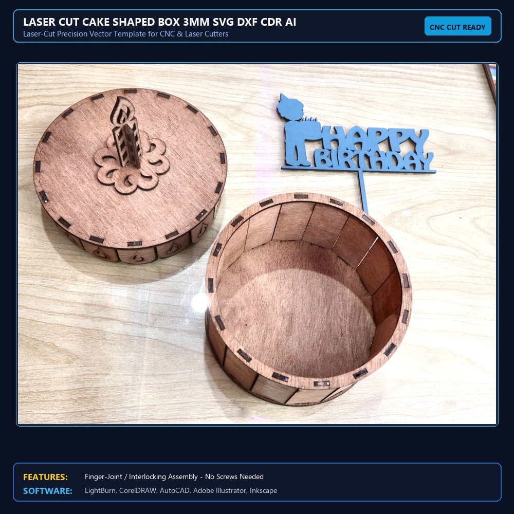 Laser Cut Cake Shaped Box 3mm SVG DXF CDR AI PDF Free Download View 4