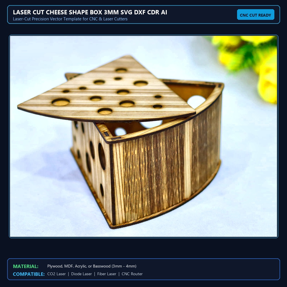 Laser Cut Cheese Shape Box 3mm SVG DXF CDR AI PDF Free Download View 2
