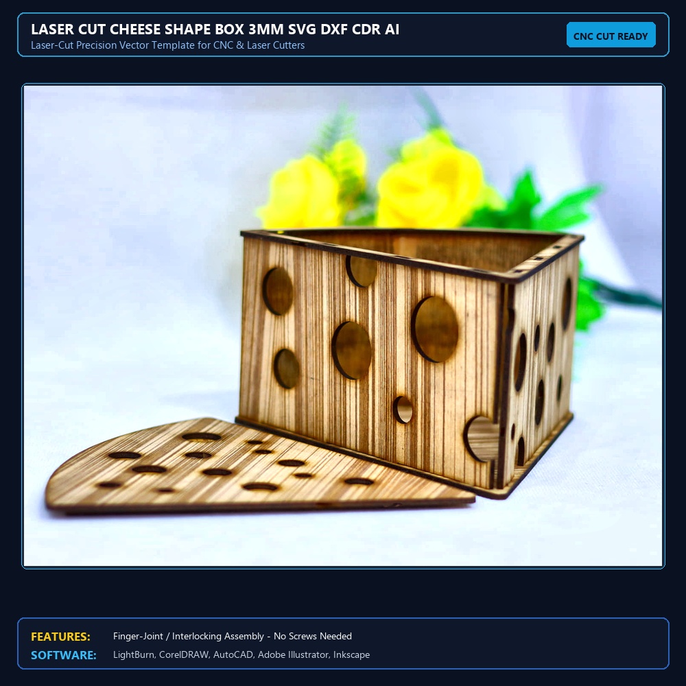 Laser Cut Cheese Shape Box 3mm SVG DXF CDR AI PDF Free Download View 3
