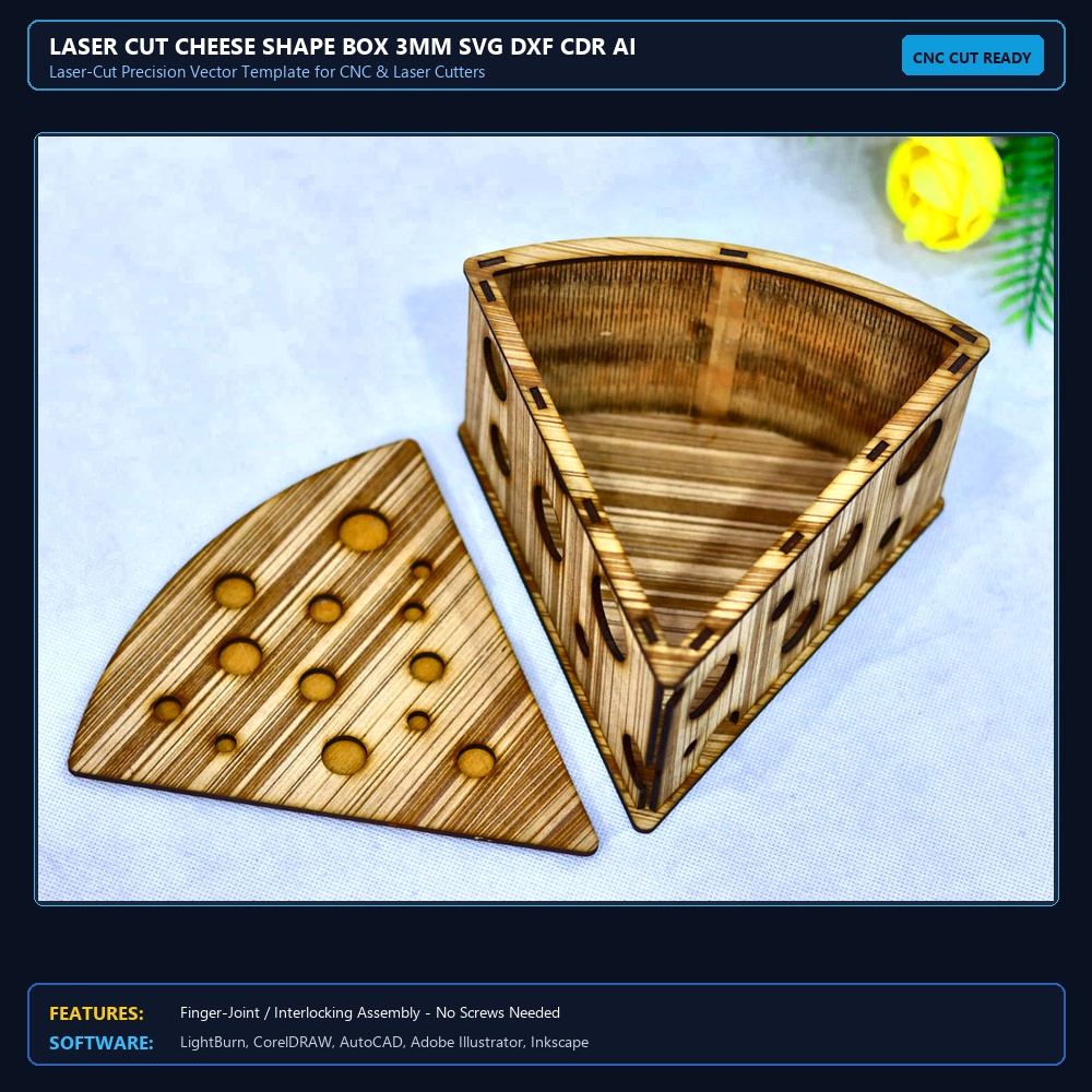 Laser Cut Cheese Shape Box 3mm SVG DXF CDR AI PDF Free Download View 4