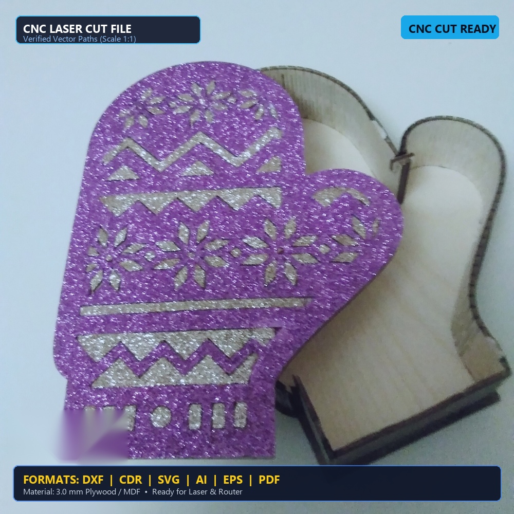 Laser Cut Winter Mitten Christmas Gift Box - DXF, CDR, SVG
