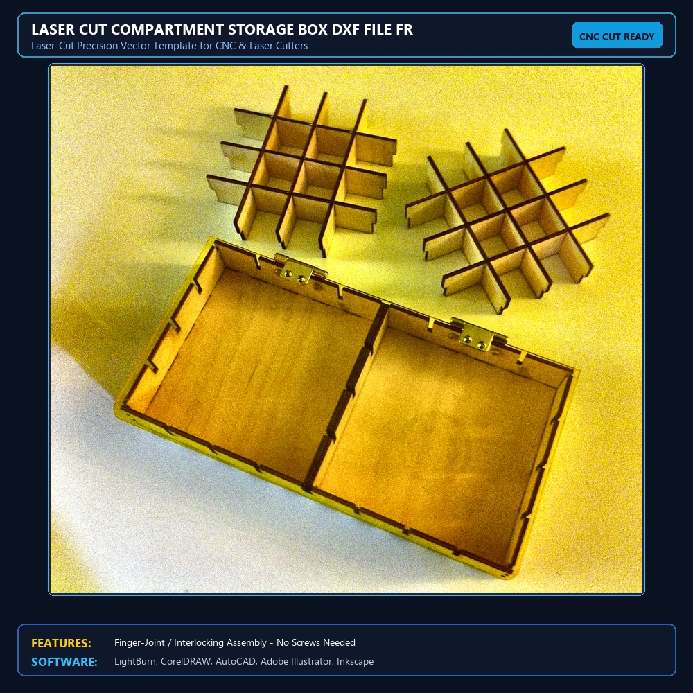 Laser Cut Compartment Storage Box DXF File Free Download View 3