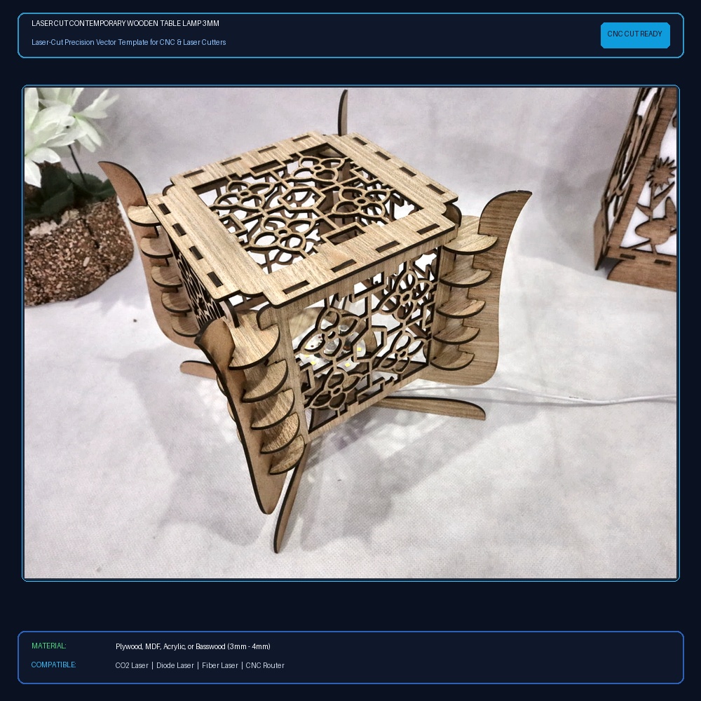 Laser Cut Contemporary Wooden Table Lamp 3mm SVG DXF CDR AI PDF Free Download View 2