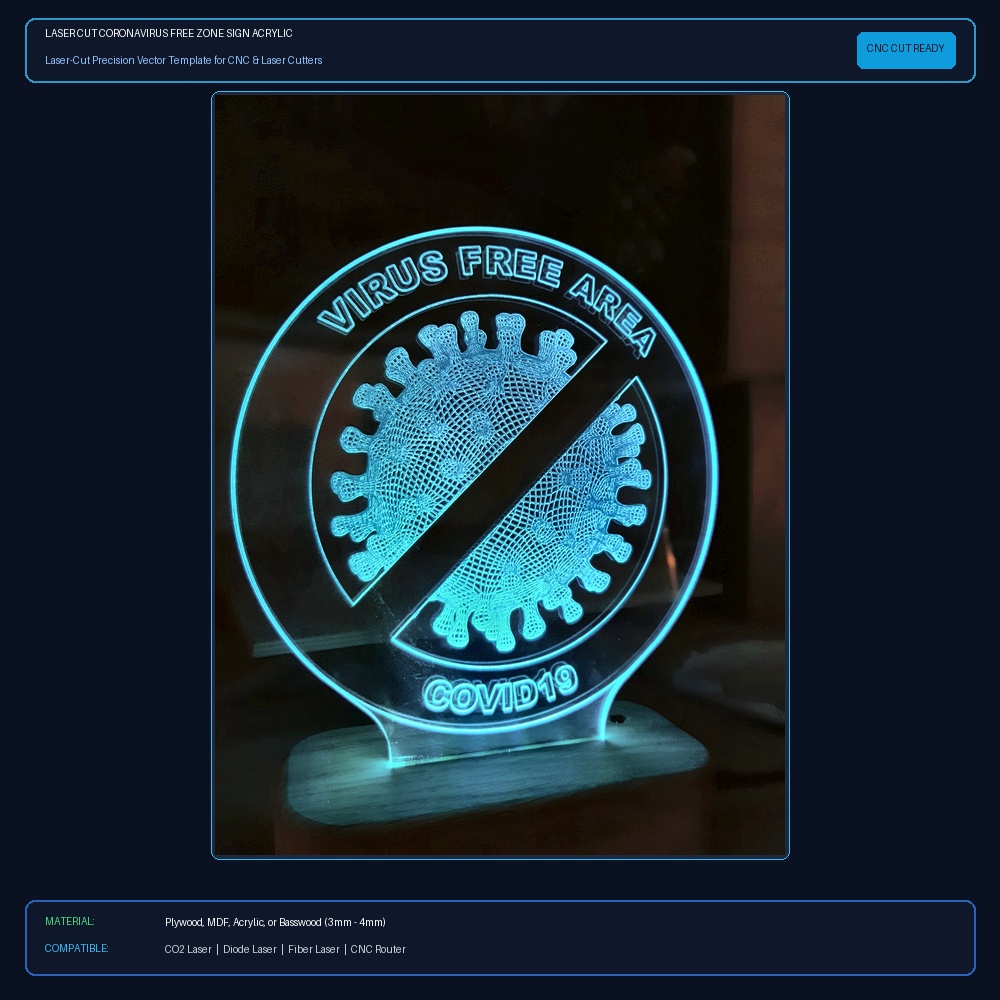 Laser Cut Coronavirus Free Zone Sign Acrylic Lamp View 2