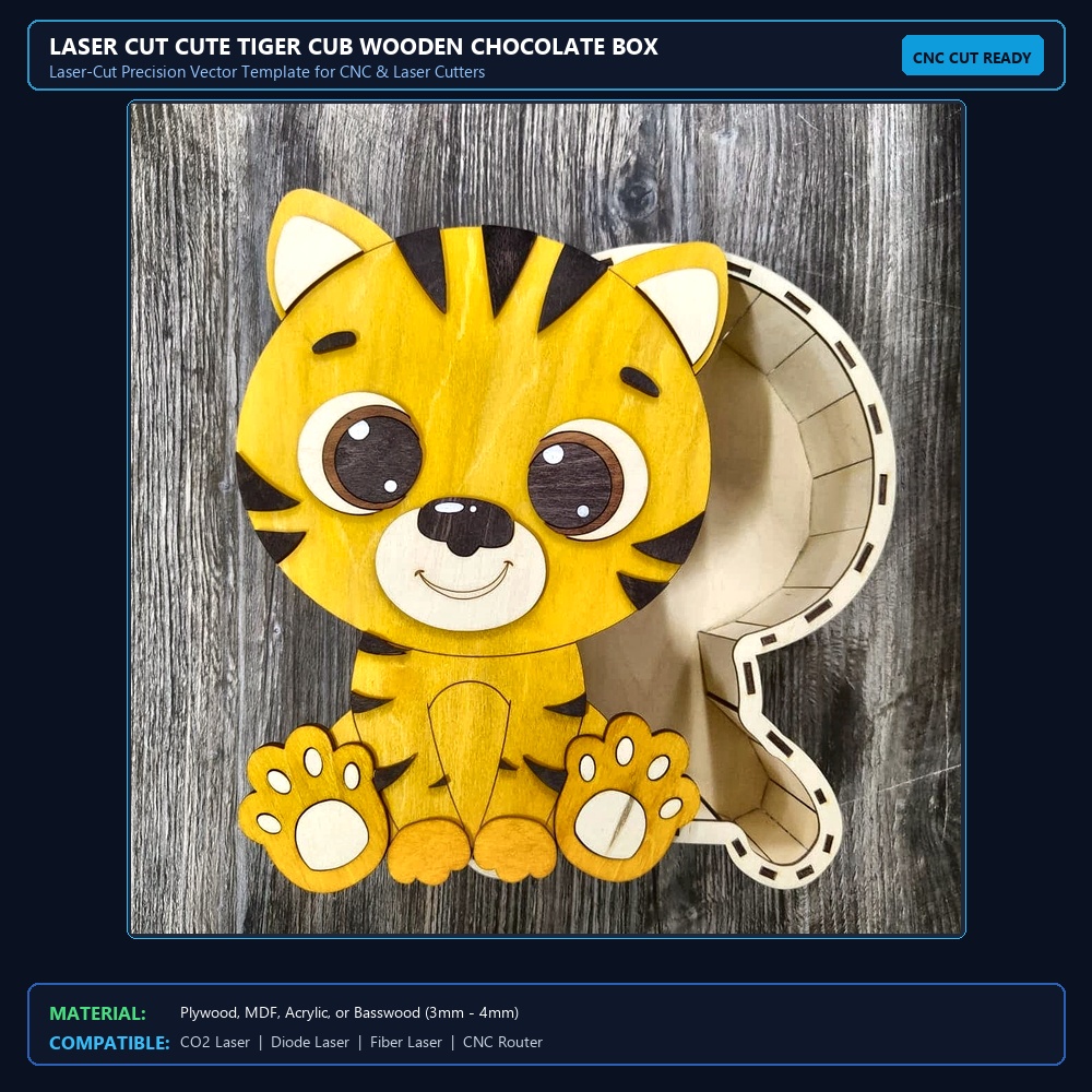 Laser Cut Cute Tiger Cub Wooden Chocolate Box View 2