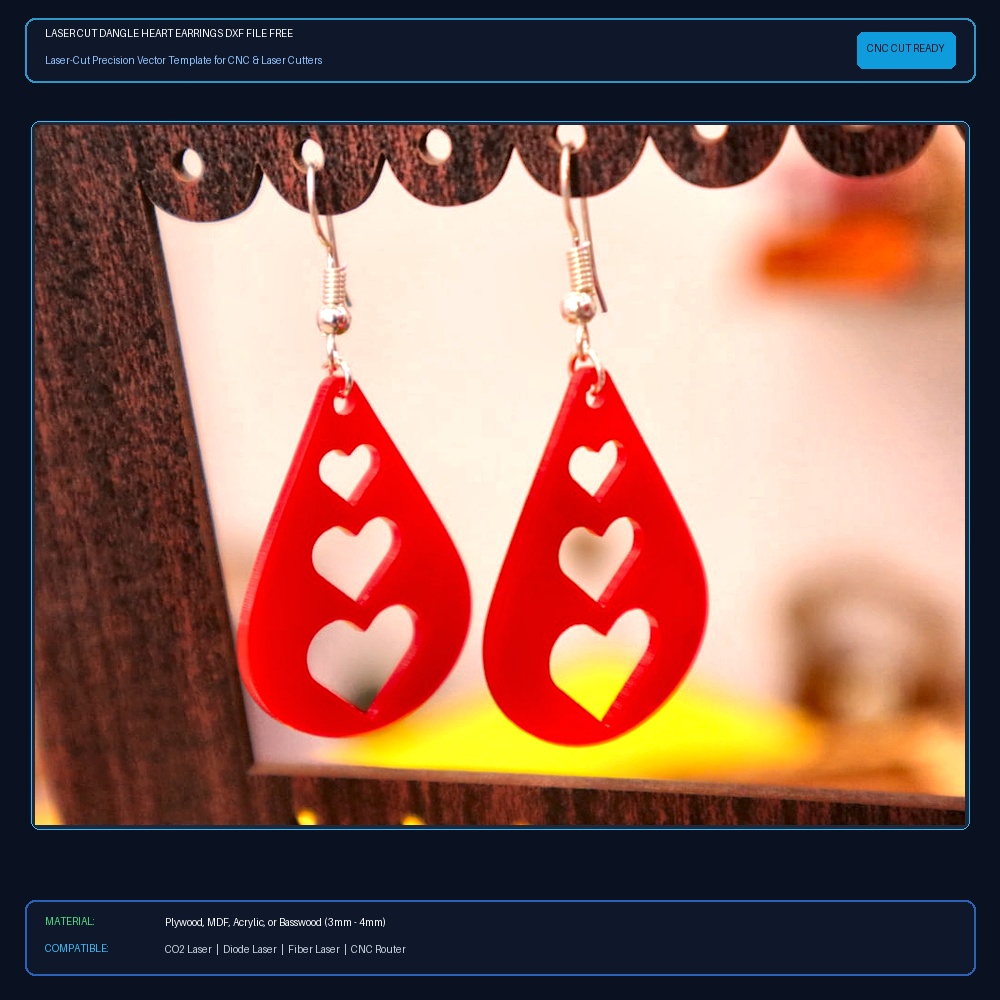 Laser Cut Dangle Heart Earrings DXF File Free Download View 2