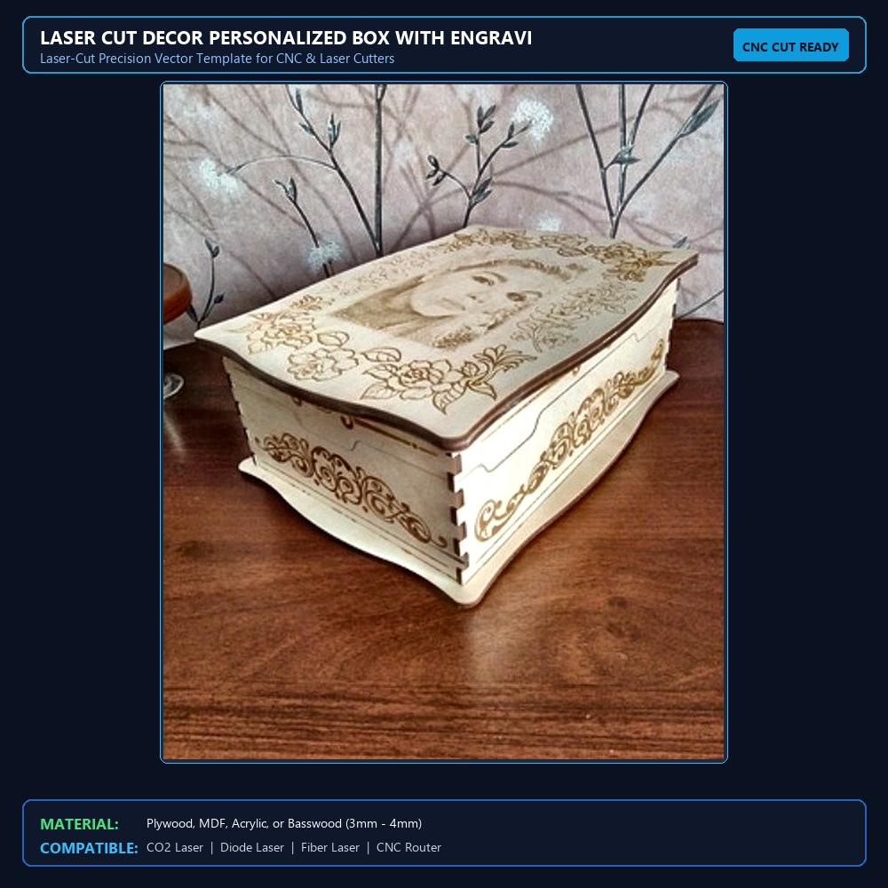 Laser Cut Decor Personalized Box With Engraving DWG File Free Download View 2