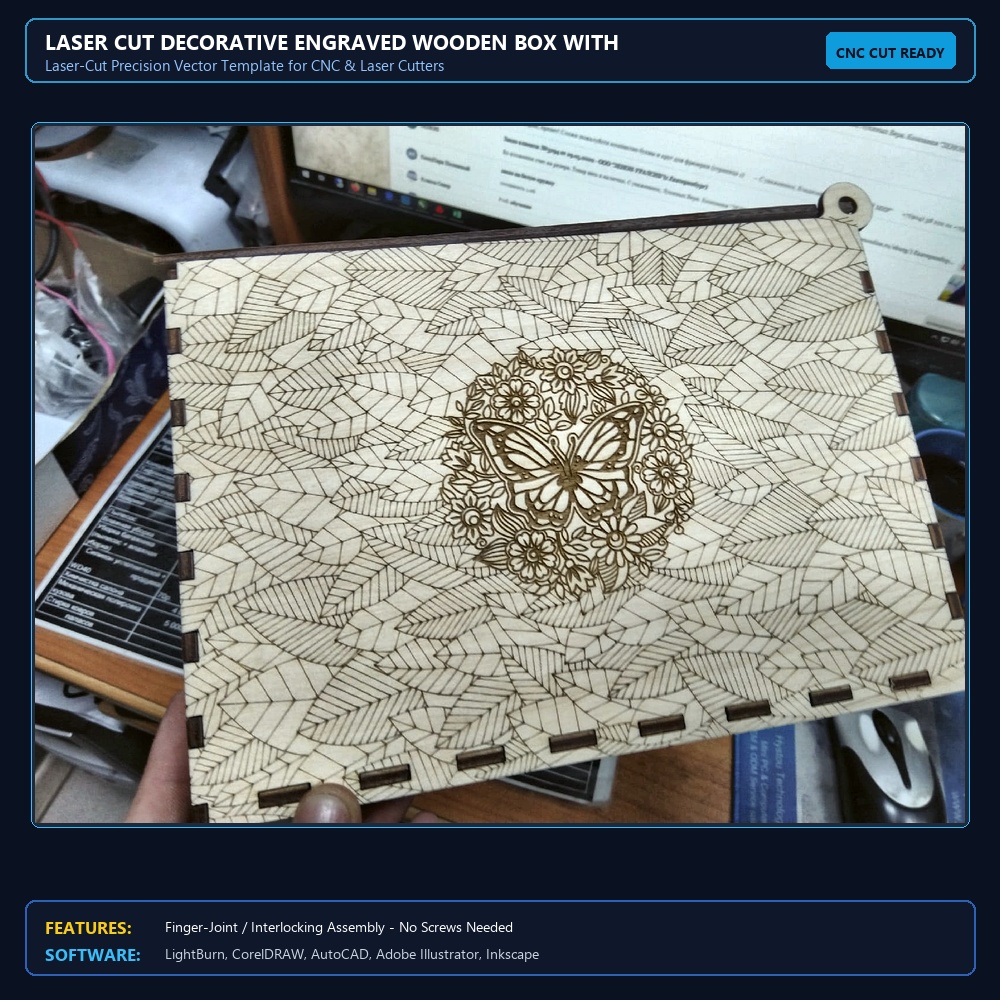 Laser Cut Decorative Engraved Wooden Box With Lid For A4 Docs View 3