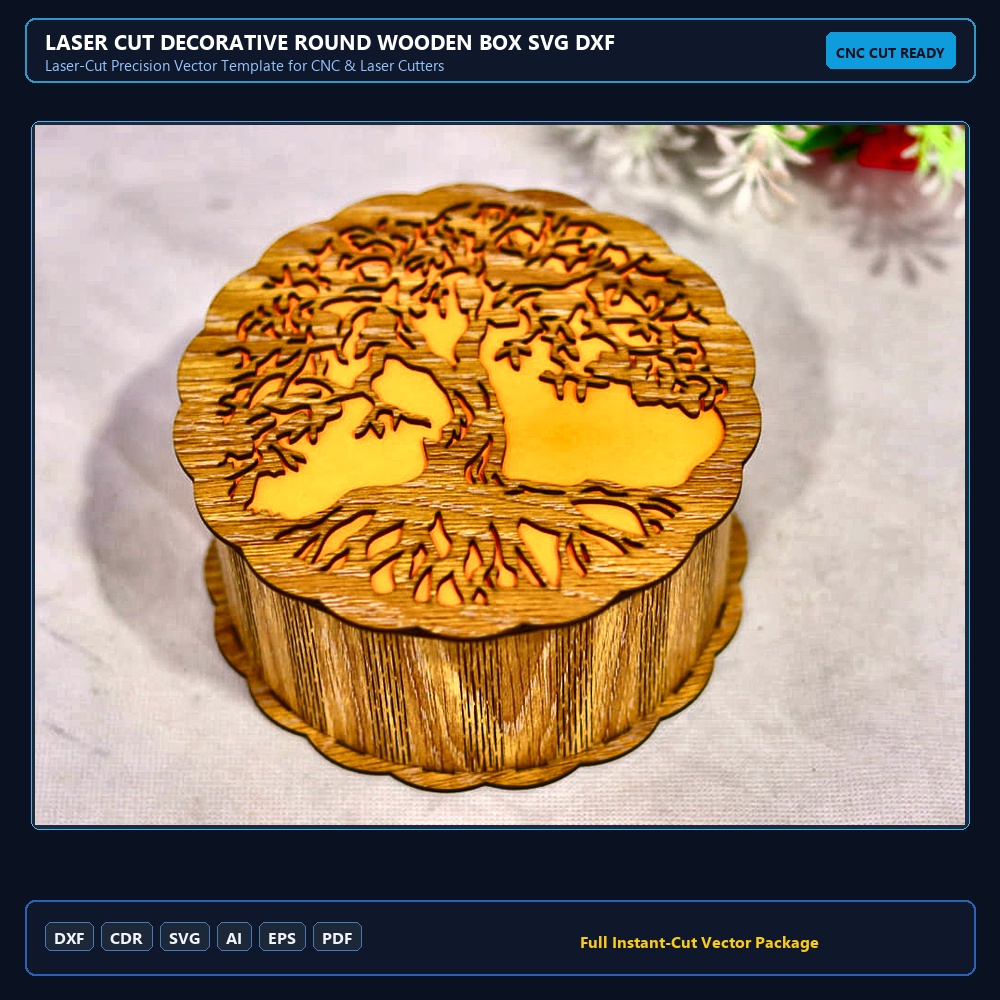 Laser Cut Decorative Round Wooden Box SVG DXF CDR AI PDF Free Download