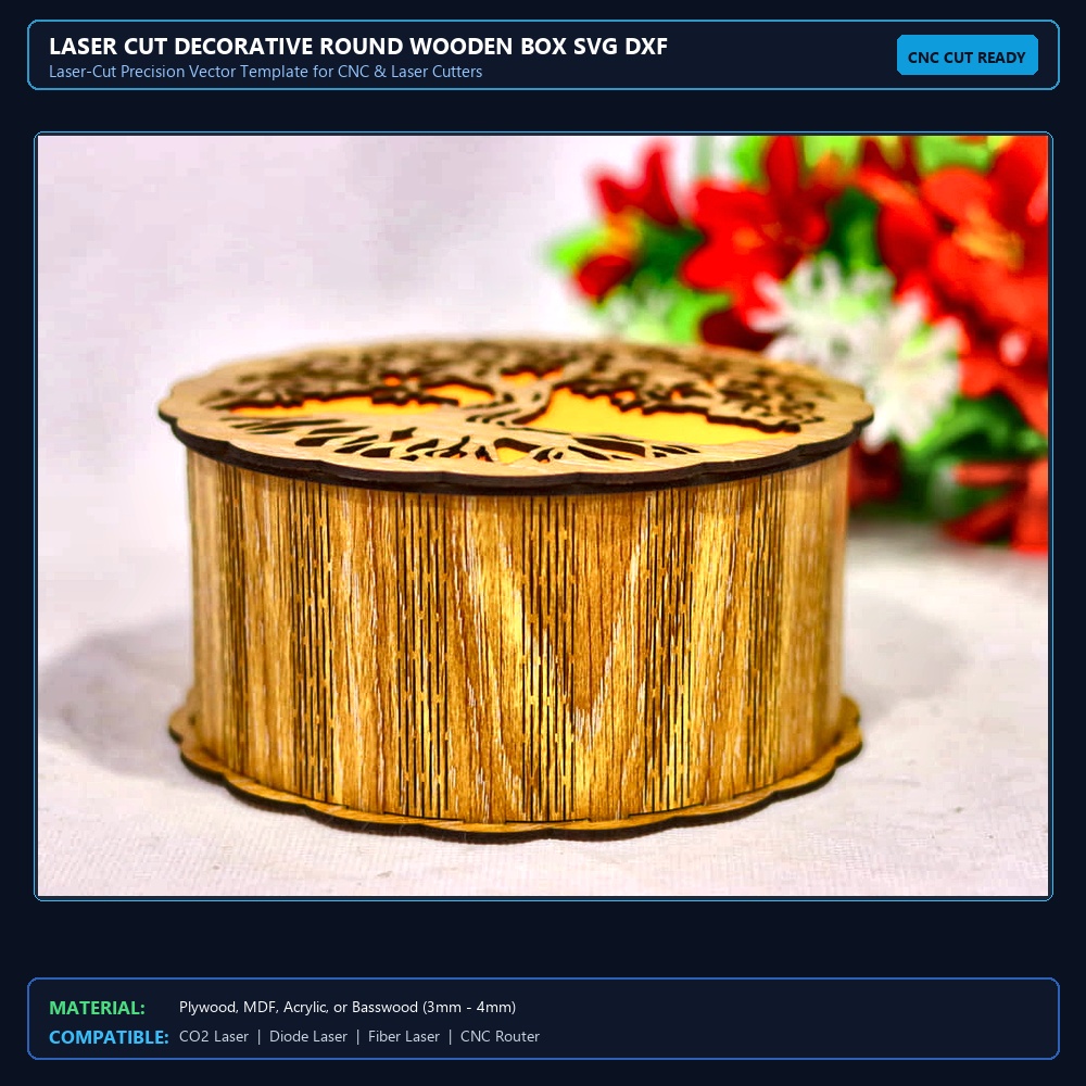 Laser Cut Decorative Round Wooden Box SVG DXF CDR AI PDF Free Download View 2
