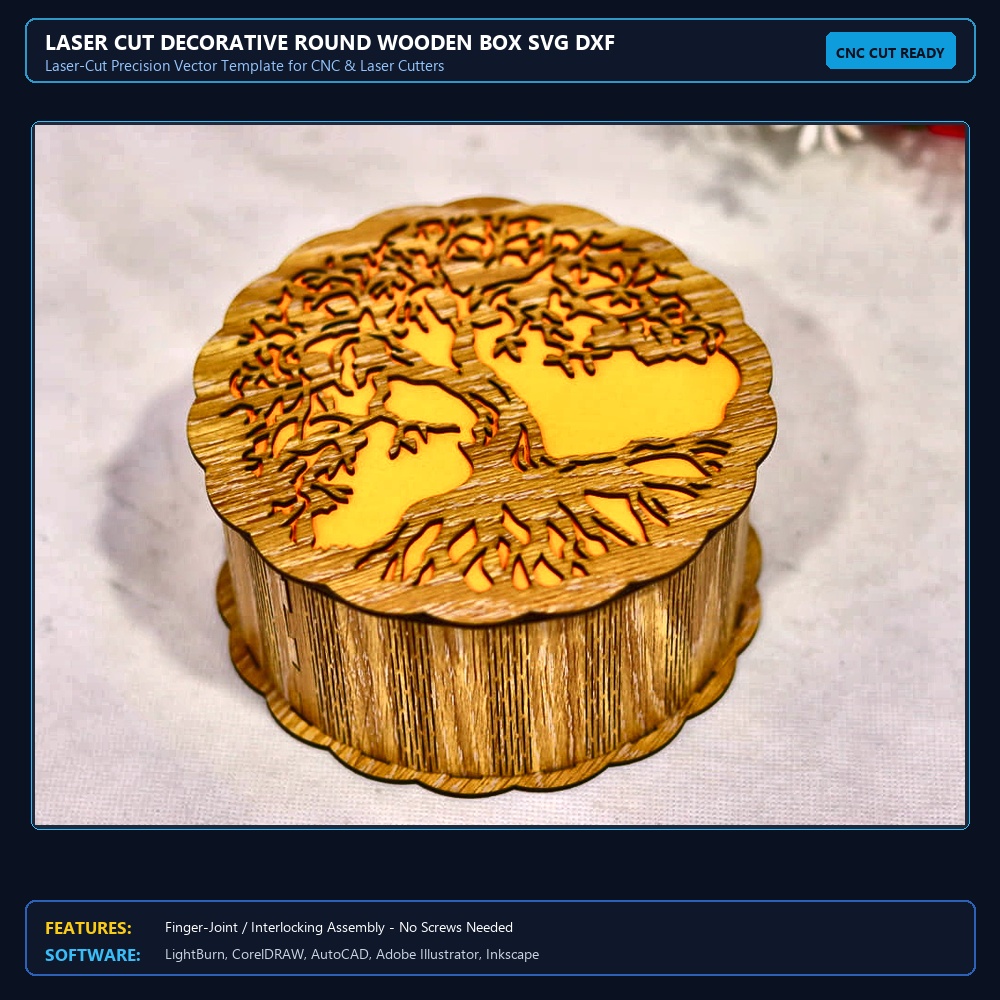 Laser Cut Decorative Round Wooden Box SVG DXF CDR AI PDF Free Download View 3