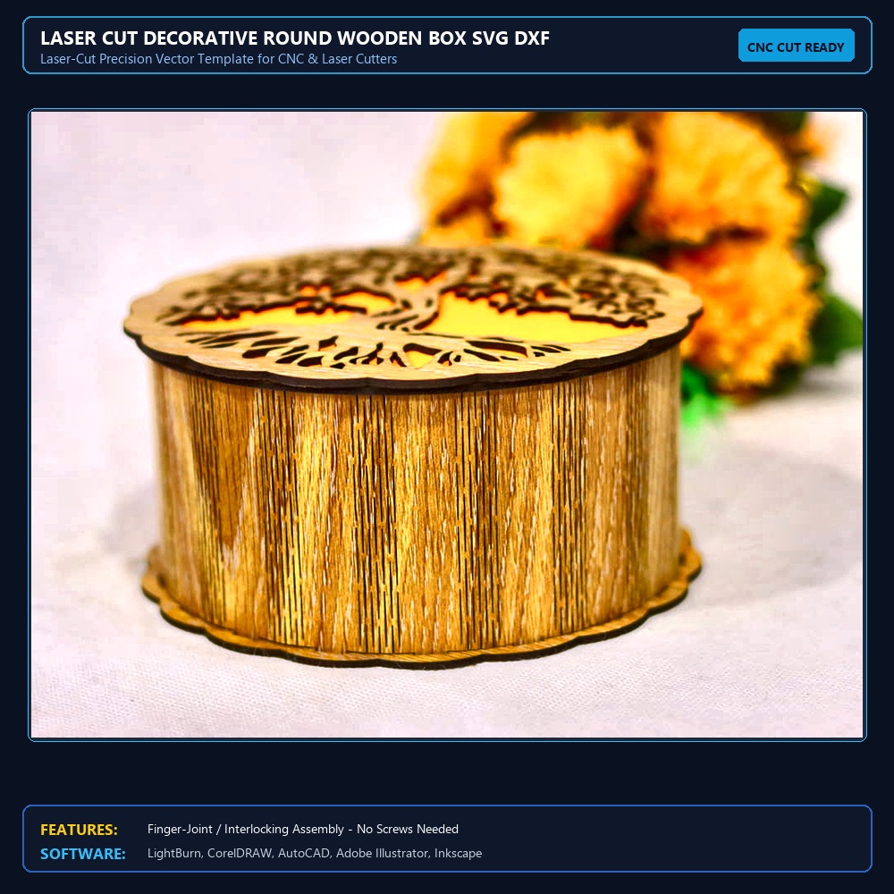 Laser Cut Decorative Round Wooden Box SVG DXF CDR AI PDF Free Download View 4