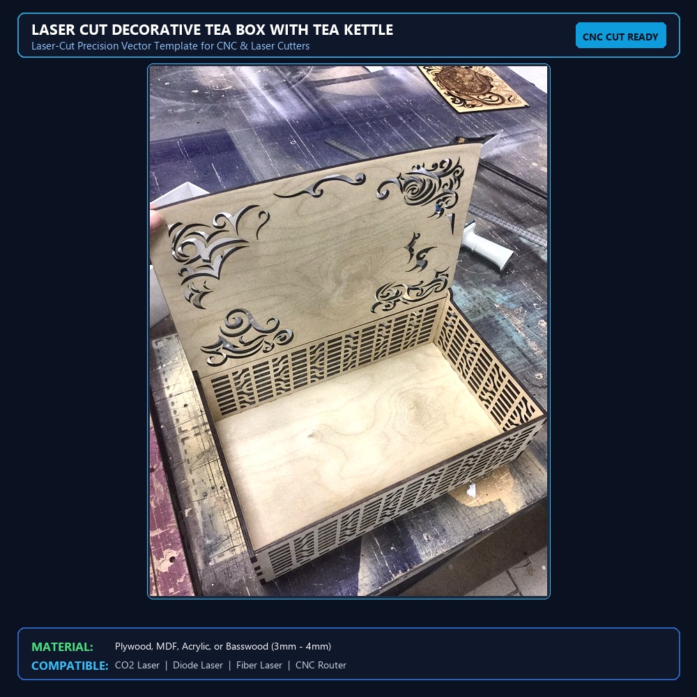 Laser Cut Decorative Tea Box With Tea Kettle Teapot Drawing Engraving View 2