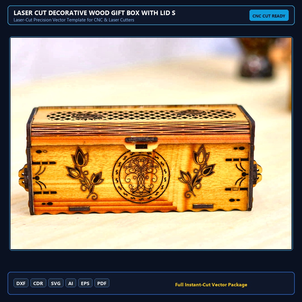Laser Cut Decorative Wood Gift Box With Lid SVG DXF CDR AI PDF Free Download