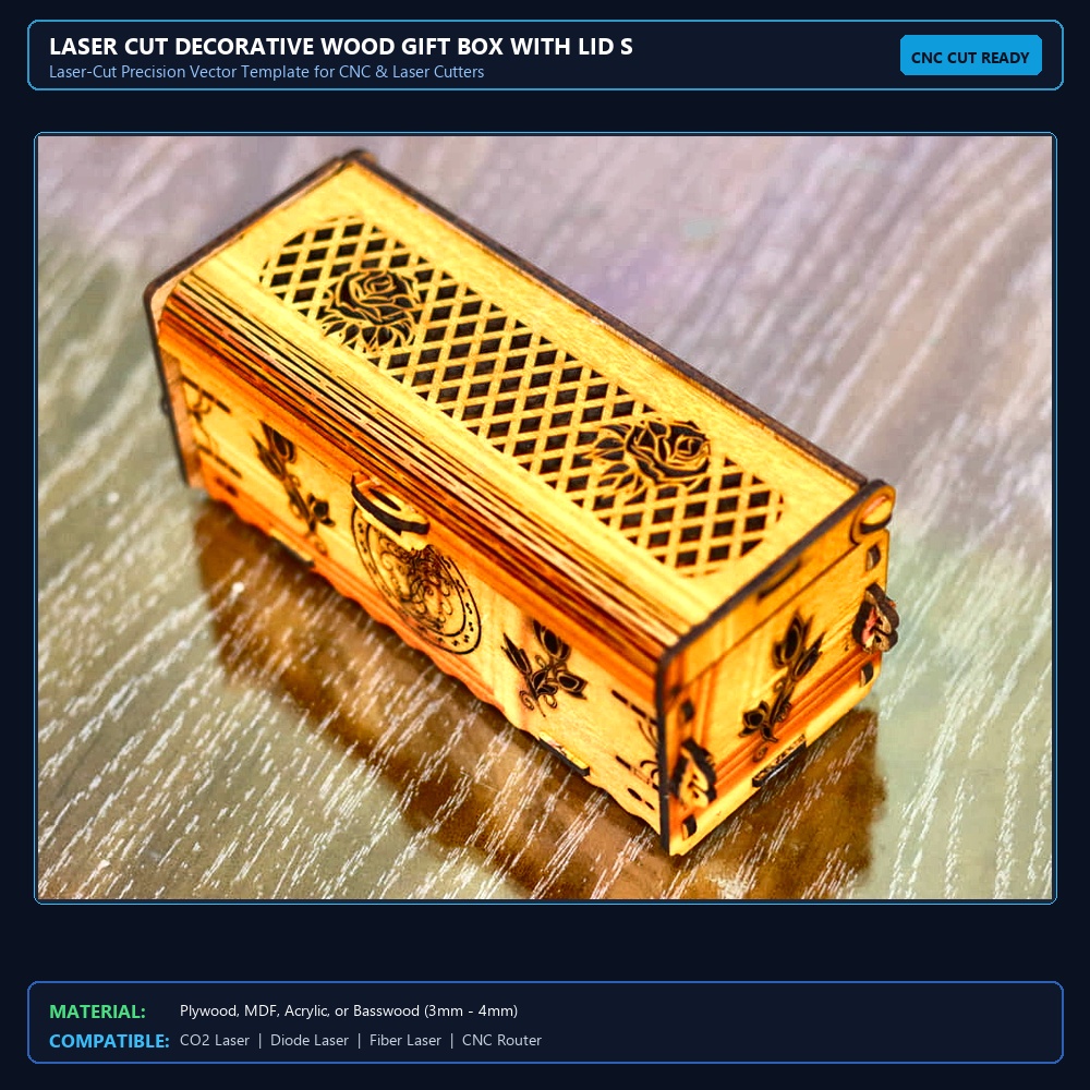 Laser Cut Decorative Wood Gift Box With Lid SVG DXF CDR AI PDF Free Download View 2