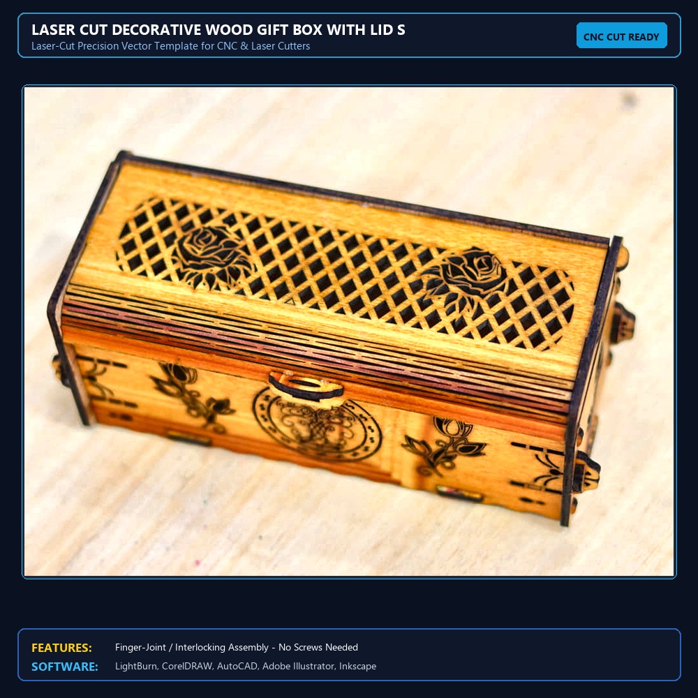 Laser Cut Decorative Wood Gift Box With Lid SVG DXF CDR AI PDF Free Download View 3