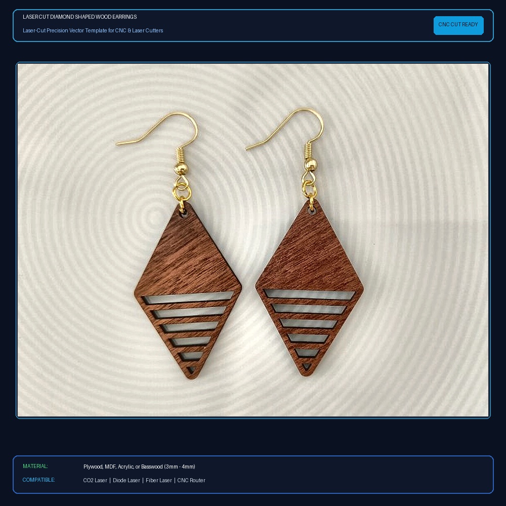 Laser Cut Diamond Shaped Wood Earrings View 2