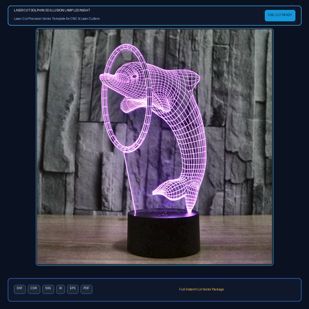 Laser Cut Dolphin 3D Illusion Lamp LED Night Light PDF File Free Download