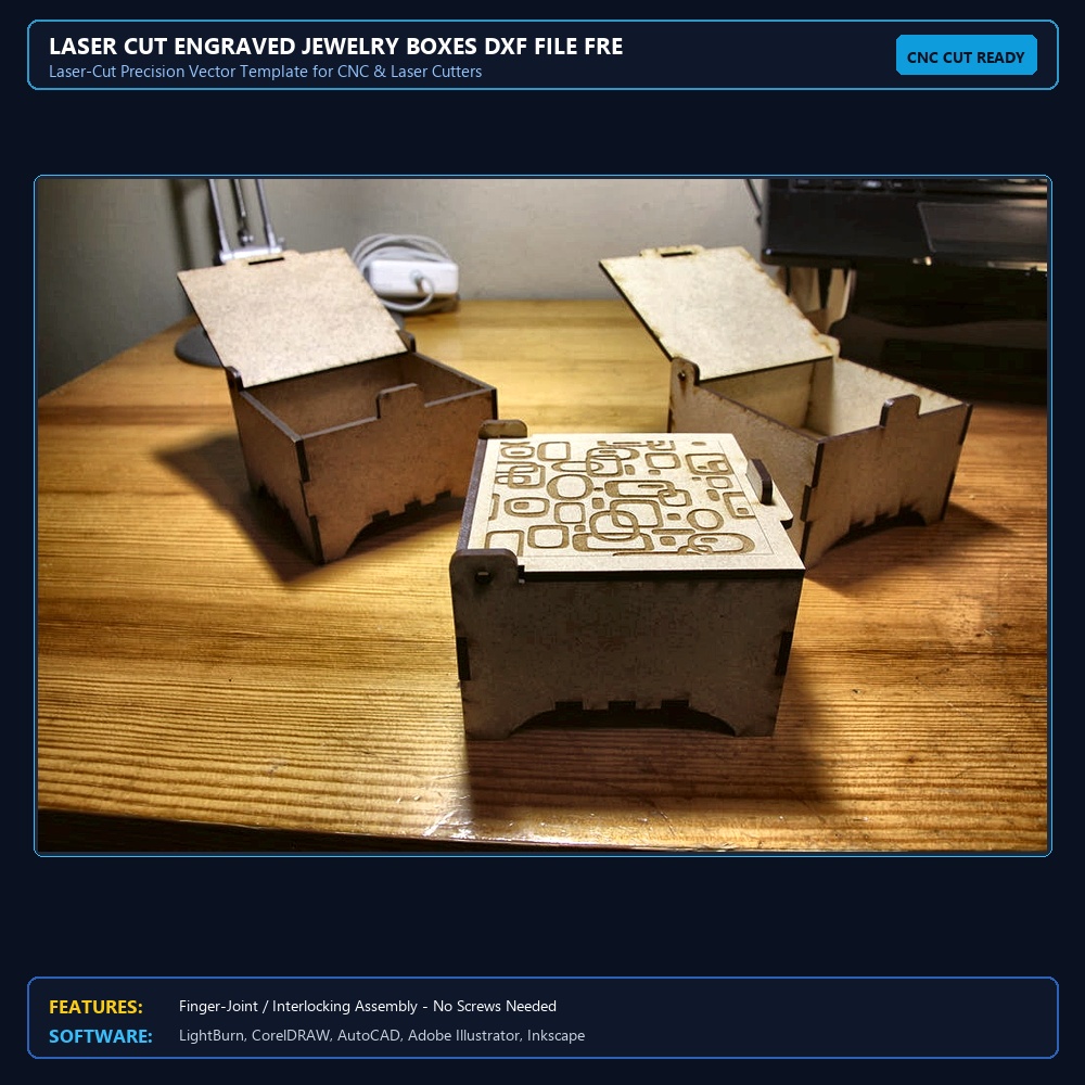 Laser Cut Engraved Jewelry Boxes DXF File Free Download View 3