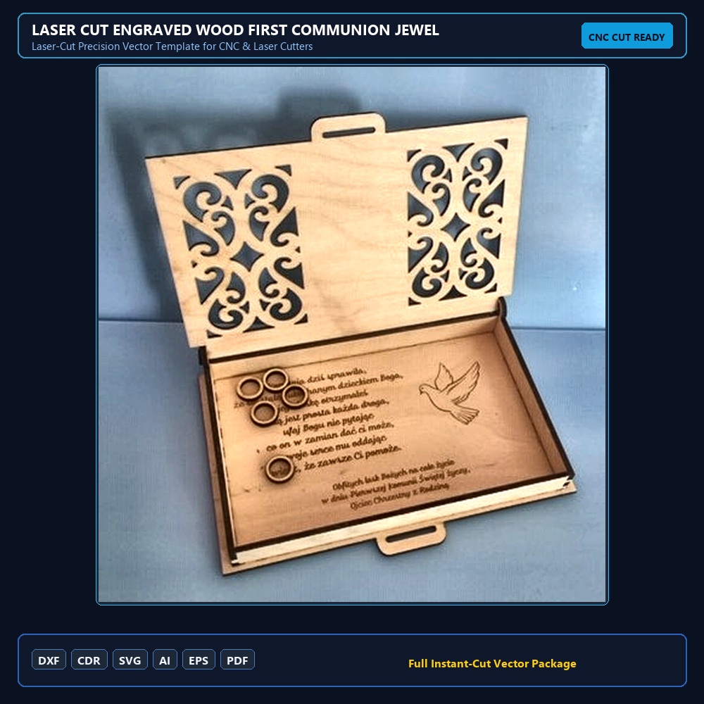 Laser Cut Engraved Wood First Communion Jewelry Box PDF File Free Download
