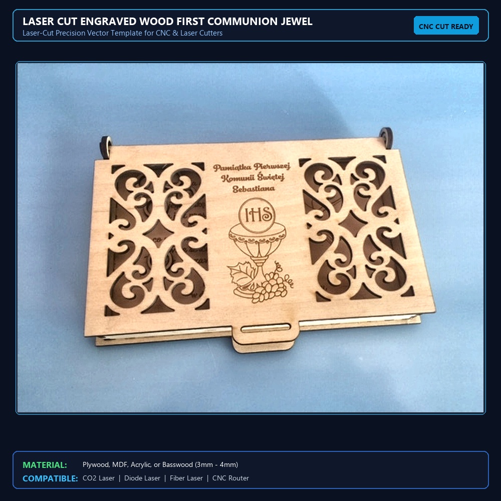 Laser Cut Engraved Wood First Communion Jewelry Box PDF File Free Download View 2