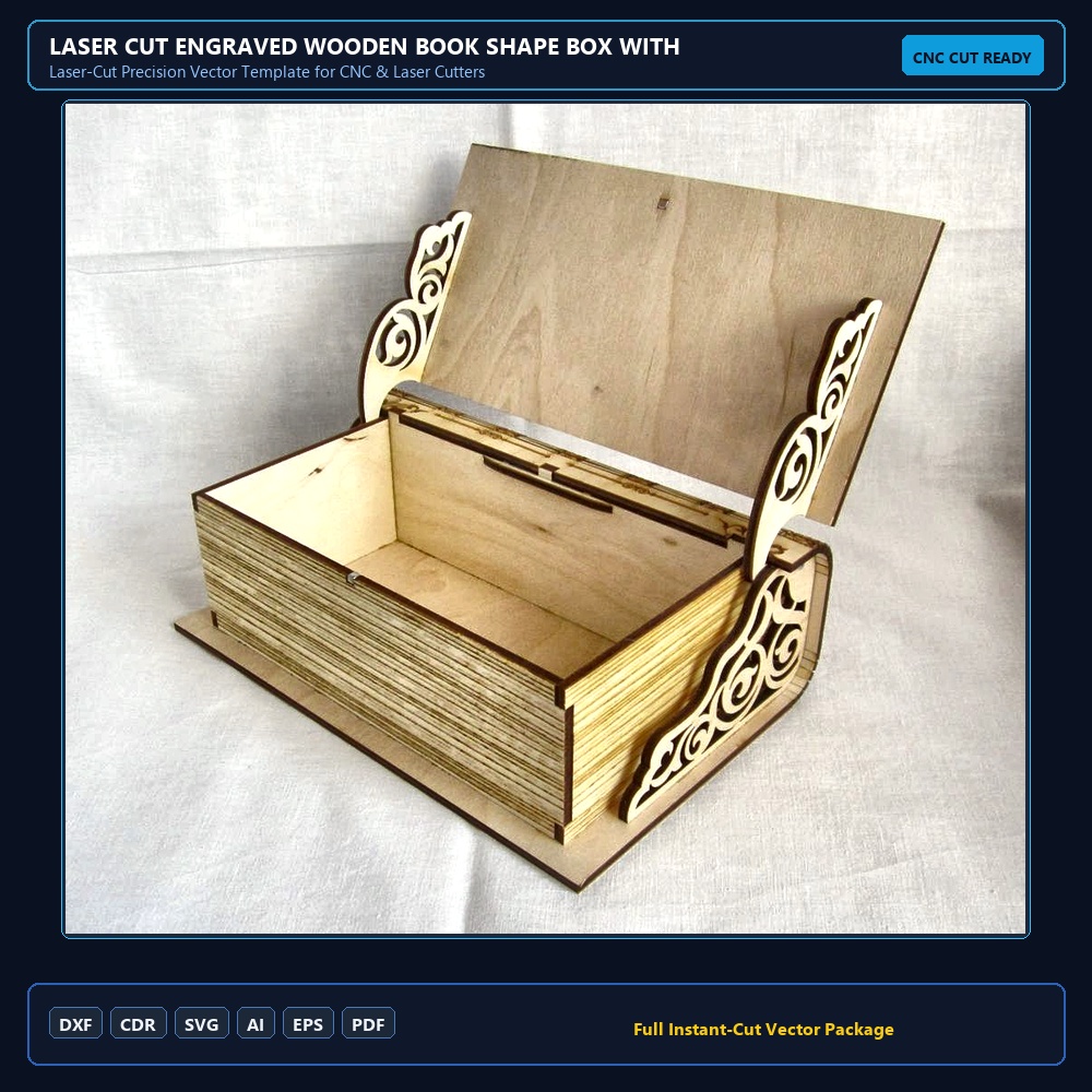 Laser Cut Engraved Wooden Book Shape Box With Lid