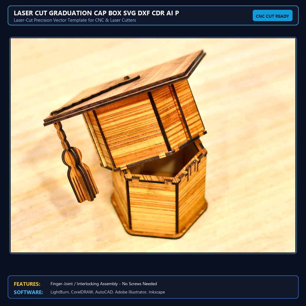 Laser Cut Graduation Cap Box SVG DXF CDR AI PDF Free Download View 3