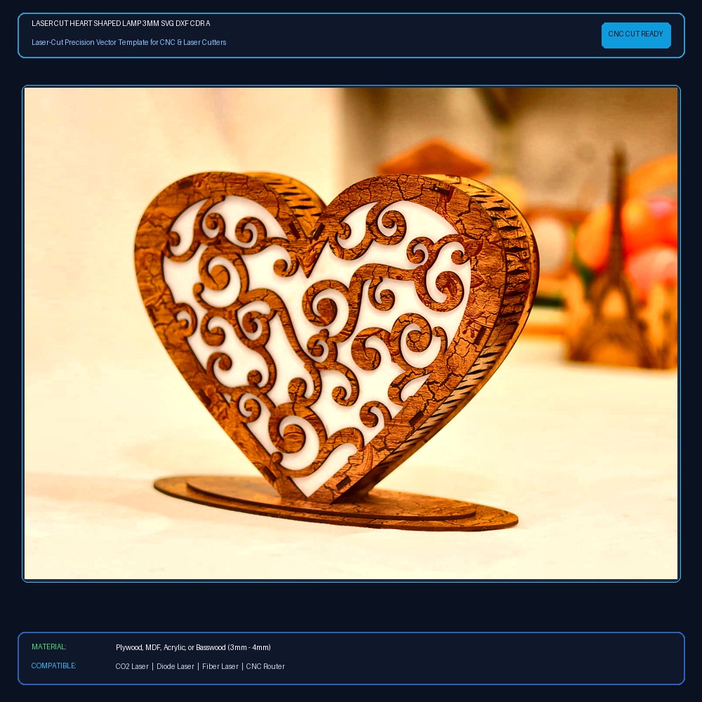 Laser Cut Heart Shaped Lamp 3mm SVG DXF CDR AI PDF Free Download View 2