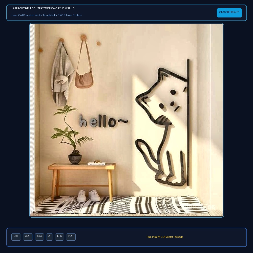 Laser Cut Hello Cute Kitten 3D Acrylic Wall Decor