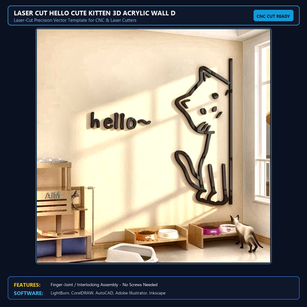 Laser Cut Hello Cute Kitten 3D Acrylic Wall Decor View 3