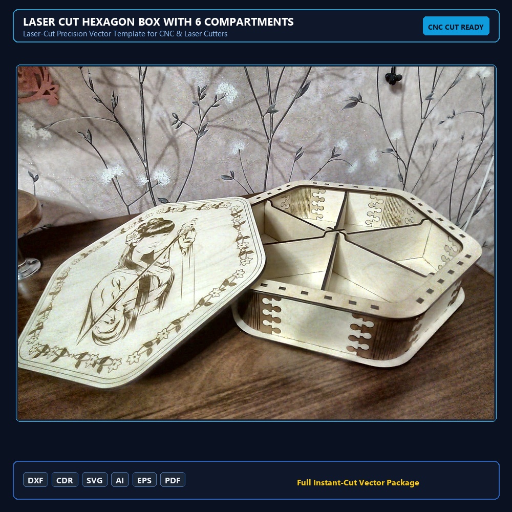 Laser Cut Hexagon Box With 6 Compartments