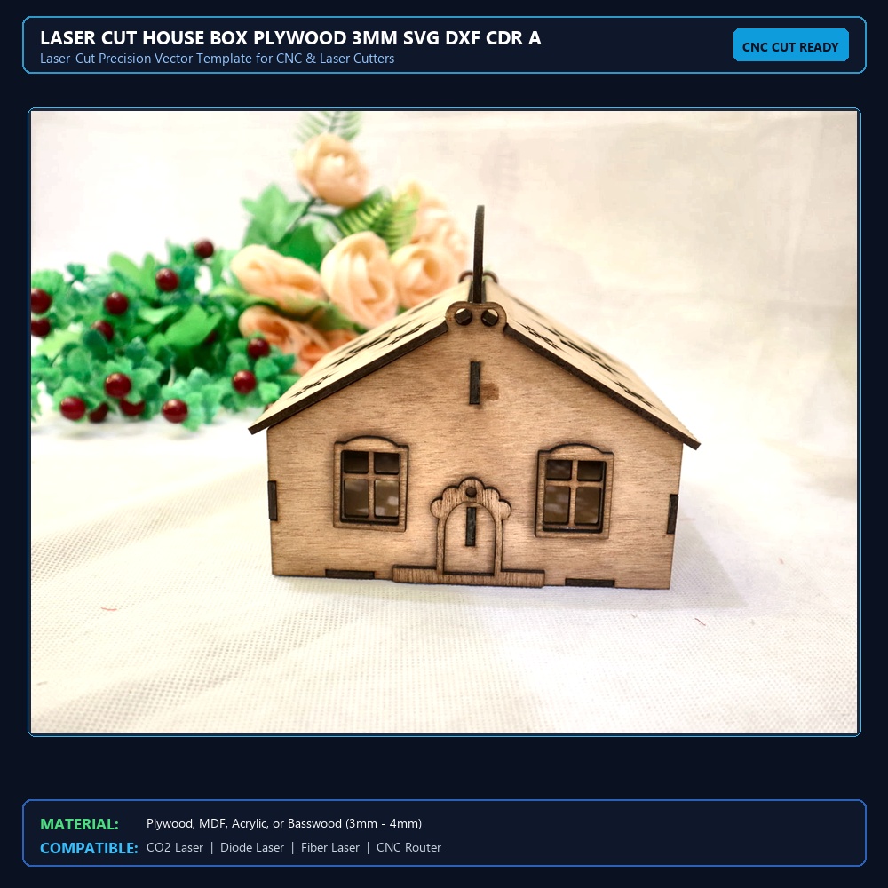 Laser Cut House Box Plywood 3mm SVG DXF CDR AI PDF Free Download View 2