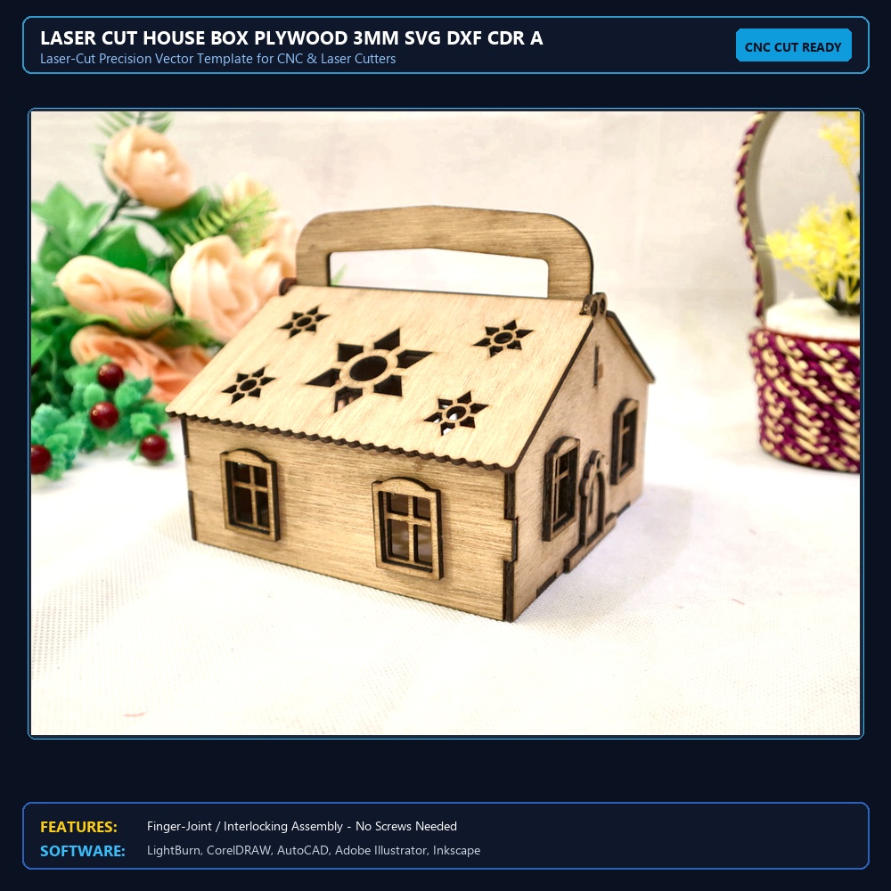 Laser Cut House Box Plywood 3mm SVG DXF CDR AI PDF Free Download View 3